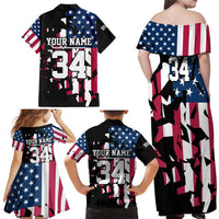 Personalized Dirt Bike Racing Family Matching Off Shoulder Maxi Dress and Hawaiian Shirt Shattered American Flag and Race Checkered Patch Graphic in Red White and Blue - Wonder Print Shop