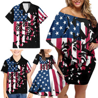 Personalized Dirt Bike Racing Family Matching Off Shoulder Short Dress and Hawaiian Shirt Shattered American Flag and Race Checkered Patch Graphic in Red White and Blue - Wonder Print Shop