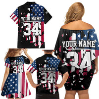 Personalized Dirt Bike Racing Family Matching Off Shoulder Short Dress and Hawaiian Shirt Shattered American Flag and Race Checkered Patch Graphic in Red White and Blue - Wonder Print Shop