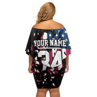 Personalized Dirt Bike Racing Family Matching Off Shoulder Short Dress and Hawaiian Shirt Shattered American Flag and Race Checkered Patch Graphic in Red White and Blue - Wonder Print Shop