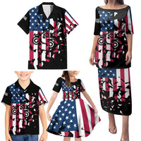 Personalized Dirt Bike Racing Family Matching Puletasi and Hawaiian Shirt Shattered American Flag and Race Checkered Patch Graphic in Red White and Blue - Wonder Print Shop