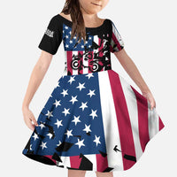 Personalized Dirt Bike Racing Family Matching Short Sleeve Bodycon Dress and Hawaiian Shirt Shattered American Flag and Race Checkered Patch Graphic in Red White and Blue - Wonder Print Shop