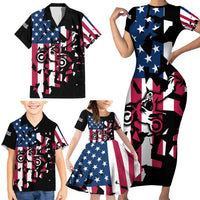Personalized Dirt Bike Racing Family Matching Short Sleeve Bodycon Dress and Hawaiian Shirt Shattered American Flag and Race Checkered Patch Graphic in Red White and Blue - Wonder Print Shop
