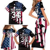 Personalized Dirt Bike Racing Family Matching Short Sleeve Bodycon Dress and Hawaiian Shirt Shattered American Flag and Race Checkered Patch Graphic in Red White and Blue - Wonder Print Shop