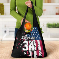 Personalized Dirt Bike Racing Grocery Bag Shattered American Flag and Race Checkered Patch Graphic in Red White and Blue - Wonder Print Shop