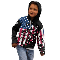 Personalized Dirt Bike Racing Kid Hoodie Shattered American Flag and Race Checkered Patch Graphic in Red White and Blue - Wonder Print Shop