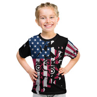 Personalized Dirt Bike Racing Kid T Shirt Shattered American Flag and Race Checkered Patch Graphic in Red White and Blue - Wonder Print Shop