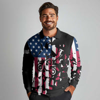Personalized Dirt Bike Racing Long Sleeve Polo Shirt Shattered American Flag and Race Checkered Patch Graphic in Red White and Blue - Wonder Print Shop