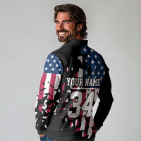Personalized Dirt Bike Racing Long Sleeve Polo Shirt Shattered American Flag and Race Checkered Patch Graphic in Red White and Blue - Wonder Print Shop
