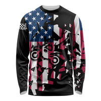 Personalized Dirt Bike Racing Long Sleeve Shirt Shattered American Flag and Race Checkered Patch Graphic in Red White and Blue - Wonder Print Shop