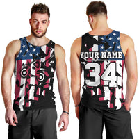 Personalized Dirt Bike Racing Men Tank Top Shattered American Flag and Race Checkered Patch Graphic in Red White and Blue - Wonder Print Shop