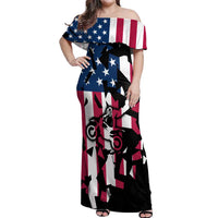 Personalized Dirt Bike Racing Off Shoulder Maxi Dress Shattered American Flag and Race Checkered Patch Graphic in Red White and Blue - Wonder Print Shop