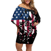 Personalized Dirt Bike Racing Off Shoulder Short Dress Shattered American Flag and Race Checkered Patch Graphic in Red White and Blue - Wonder Print Shop