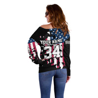 Personalized Dirt Bike Racing Off Shoulder Sweater Shattered American Flag and Race Checkered Patch Graphic in Red White and Blue - Wonder Print Shop