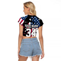 Personalized Dirt Bike Racing Raglan Cropped T Shirt Shattered American Flag and Race Checkered Patch Graphic in Red White and Blue - Wonder Print Shop