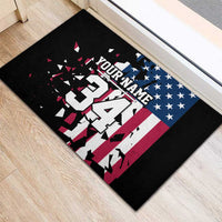Personalized Dirt Bike Racing Rubber Doormat Shattered American Flag and Race Checkered Patch Graphic in Red White and Blue - Wonder Print Shop