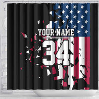 Personalized Dirt Bike Racing Shower Curtain Shattered American Flag and Race Checkered Patch Graphic in Red White and Blue - Wonder Print Shop