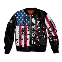 Personalized Dirt Bike Racing Sleeve Zip Bomber Jacket Shattered American Flag and Race Checkered Patch Graphic in Red White and Blue - Wonder Print Shop