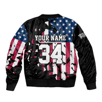 Personalized Dirt Bike Racing Sleeve Zip Bomber Jacket Shattered American Flag and Race Checkered Patch Graphic in Red White and Blue - Wonder Print Shop