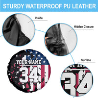 Personalized Dirt Bike Racing Spare Tire Cover Shattered American Flag and Race Checkered Patch Graphic in Red White and Blue - Wonder Print Shop