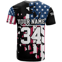 Personalized Dirt Bike Racing T Shirt Shattered American Flag and Race Checkered Patch Graphic in Red White and Blue - Wonder Print Shop