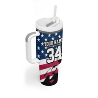 Personalized Dirt Bike Racing Tumbler With Handle Shattered American Flag and Race Checkered Patch Graphic in Red White and Blue - Wonder Print Shop