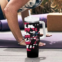 Personalized Dirt Bike Racing Tumbler With Handle Shattered American Flag and Race Checkered Patch Graphic in Red White and Blue - Wonder Print Shop