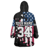 Personalized Dirt Bike Racing Wearable Blanket Hoodie Shattered American Flag and Race Checkered Patch Graphic in Red White and Blue - Wonder Print Shop