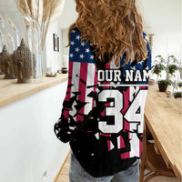Personalized Dirt Bike Racing Women Casual Shirt Shattered American Flag and Race Checkered Patch Graphic in Red White and Blue - Wonder Print Shop