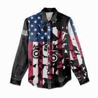 Personalized Dirt Bike Racing Women Casual Shirt Shattered American Flag and Race Checkered Patch Graphic in Red White and Blue - Wonder Print Shop
