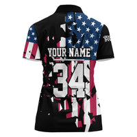 Personalized Dirt Bike Racing Women Polo Shirt Shattered American Flag and Race Checkered Patch Graphic in Red White and Blue - Wonder Print Shop