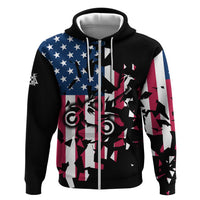 Personalized Dirt Bike Racing Zip Hoodie Shattered American Flag and Race Checkered Patch Graphic in Red White and Blue - Wonder Print Shop