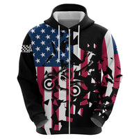 Personalized Dirt Bike Racing Zip Hoodie Shattered American Flag and Race Checkered Patch Graphic in Red White and Blue - Wonder Print Shop