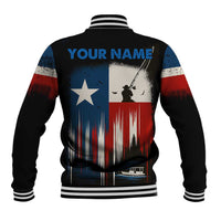 Texas Flag Fishing Baseball Jacket with Silhouette Fisherman and Rustic Lake Scene in Red White Blue - Wonder Print Shop