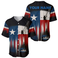 Texas Flag Fishing Baseball Jersey with Silhouette Fisherman and Rustic Lake Scene in Red White Blue - Wonder Print Shop