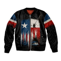 Texas Flag Fishing Bomber Jacket with Silhouette Fisherman and Rustic Lake Scene in Red White Blue - Wonder Print Shop