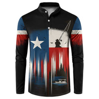 Texas Flag Fishing Button Sweatshirt with Silhouette Fisherman and Rustic Lake Scene in Red White Blue - Wonder Print Shop