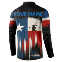 Texas Flag Fishing Button Sweatshirt with Silhouette Fisherman and Rustic Lake Scene in Red White Blue - Wonder Print Shop