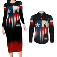 Texas Flag Fishing Couples Matching Long Sleeve Bodycon Dress and Long Sleeve Button Shirt with Silhouette Fisherman and Rustic Lake Scene in Red White Blue - Wonder Print Shop