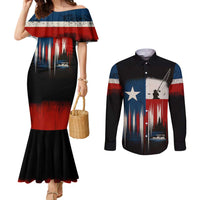 Texas Flag Fishing Couples Matching Mermaid Dress and Long Sleeve Button Shirt with Silhouette Fisherman and Rustic Lake Scene in Red White Blue - Wonder Print Shop