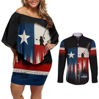 Texas Flag Fishing Couples Matching Off Shoulder Short Dress and Long Sleeve Button Shirt with Silhouette Fisherman and Rustic Lake Scene in Red White Blue - Wonder Print Shop