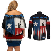 Texas Flag Fishing Couples Matching Off Shoulder Short Dress and Long Sleeve Button Shirt with Silhouette Fisherman and Rustic Lake Scene in Red White Blue - Wonder Print Shop