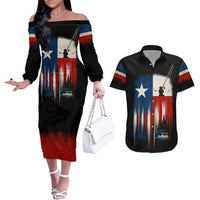 Texas Flag Fishing Couples Matching Off The Shoulder Long Sleeve Dress and Hawaiian Shirt with Silhouette Fisherman and Rustic Lake Scene in Red White Blue - Wonder Print Shop