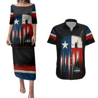 Texas Flag Fishing Couples Matching Puletasi and Hawaiian Shirt with Silhouette Fisherman and Rustic Lake Scene in Red White Blue - Wonder Print Shop