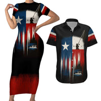 Texas Flag Fishing Couples Matching Short Sleeve Bodycon Dress and Hawaiian Shirt with Silhouette Fisherman and Rustic Lake Scene in Red White Blue - Wonder Print Shop