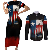Texas Flag Fishing Couples Matching Short Sleeve Bodycon Dress and Long Sleeve Button Shirt with Silhouette Fisherman and Rustic Lake Scene in Red White Blue - Wonder Print Shop