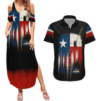 Texas Flag Fishing Couples Matching Summer Maxi Dress and Hawaiian Shirt with Silhouette Fisherman and Rustic Lake Scene in Red White Blue - Wonder Print Shop
