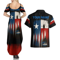Texas Flag Fishing Couples Matching Summer Maxi Dress and Hawaiian Shirt with Silhouette Fisherman and Rustic Lake Scene in Red White Blue - Wonder Print Shop