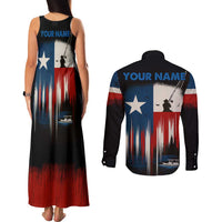 Texas Flag Fishing Couples Matching Tank Maxi Dress and Long Sleeve Button Shirt with Silhouette Fisherman and Rustic Lake Scene in Red White Blue - Wonder Print Shop