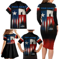 Texas Flag Fishing Family Matching Long Sleeve Bodycon Dress and Hawaiian Shirt with Silhouette Fisherman and Rustic Lake Scene in Red White Blue - Wonder Print Shop